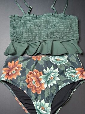 Cupshe Green smocked Ruffled Floral High-Waist Bikini Set